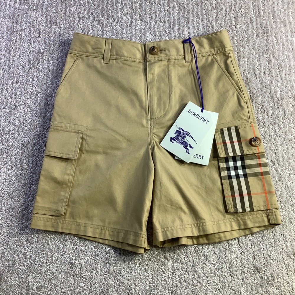 Burberry Kids Sand Oscar Cargo Shorts Vintage Check Pocket Organic Cotton 8Y NWT